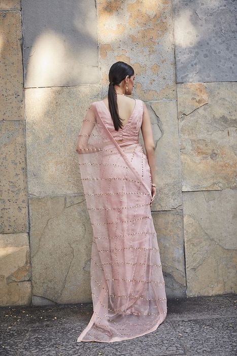 A model showcasing Blush Pink Silk Organza Saree by Ranian from Ranian's collection A model showcasing Blush Pink Silk Organza Saree by Ranian from Ranian's collection