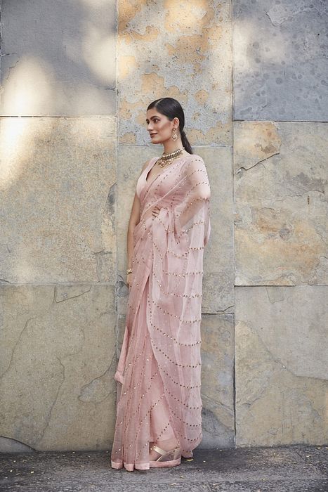 A model showcasing Blush Pink Silk Organza Saree by Ranian from Ranian's collection A model showcasing Blush Pink Silk Organza Saree by Ranian from Ranian's collection