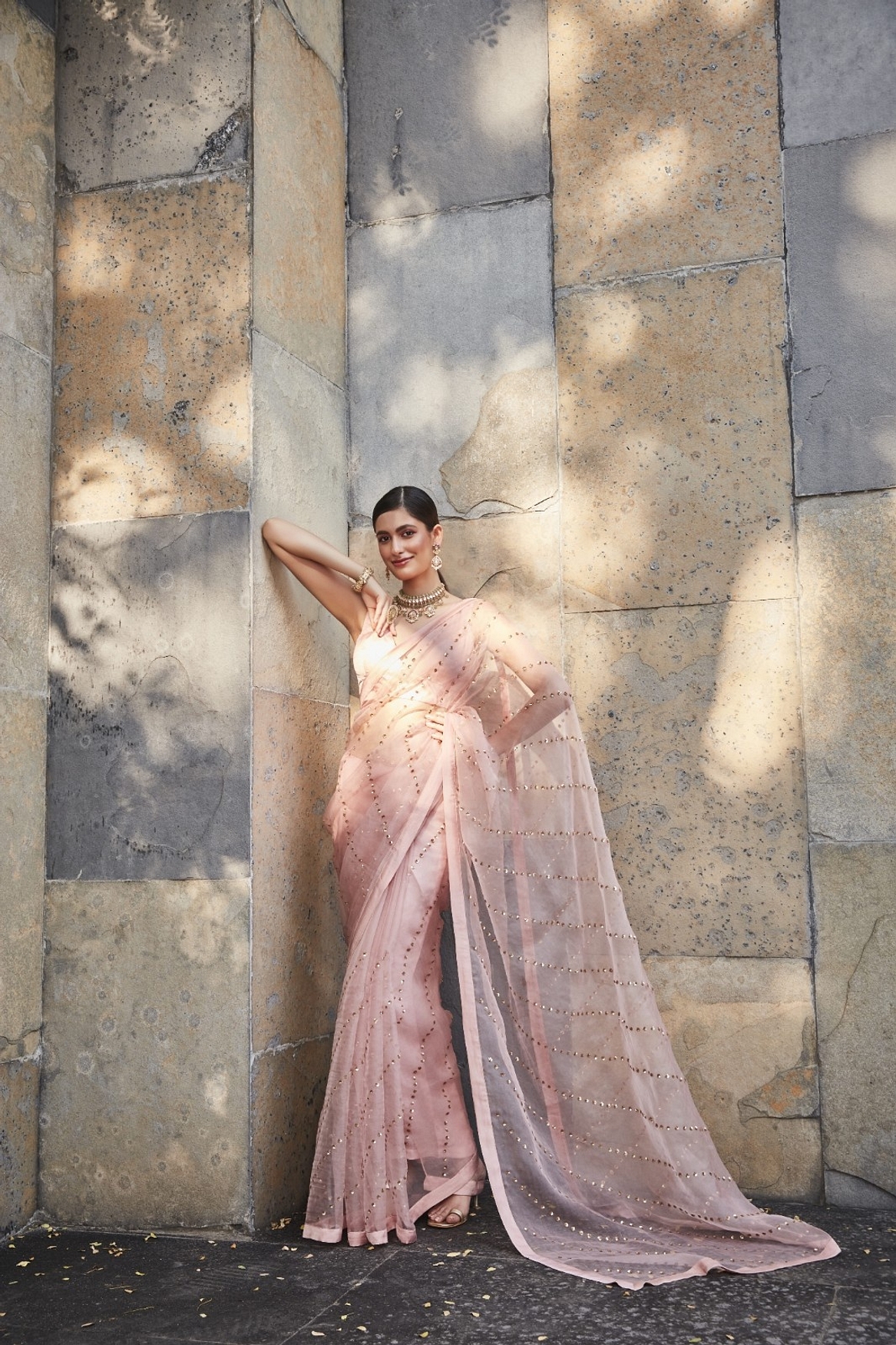 A model showcasing Blush Pink Silk Organza Saree Feature image by Ranian from Ranian's collection