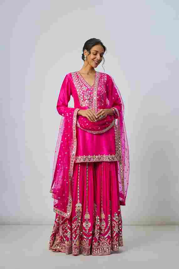 A model showcasing Ekantika Sharara Set by Gopi Vaid from Gopi Vaid's collection