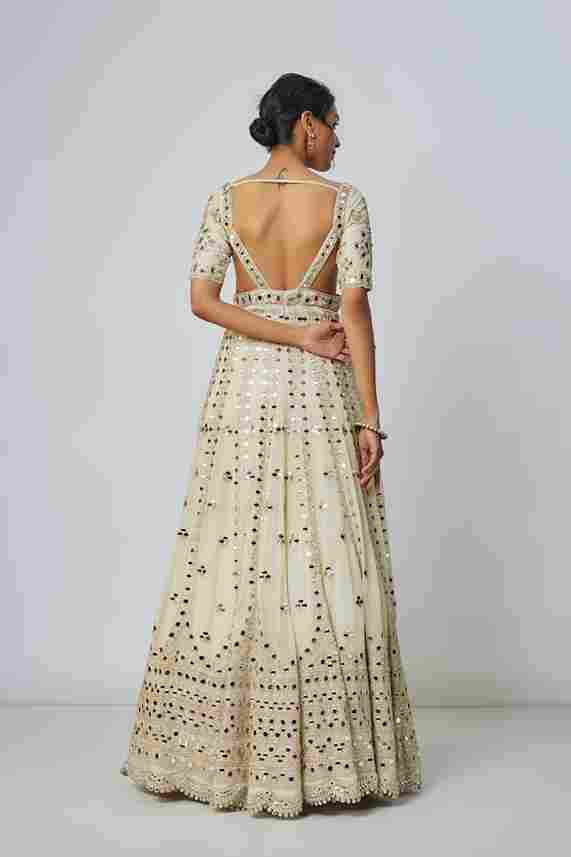 A model showcasing Aasmi Anarkali Set by Gopi Vaid from Gopi Vaid's collection