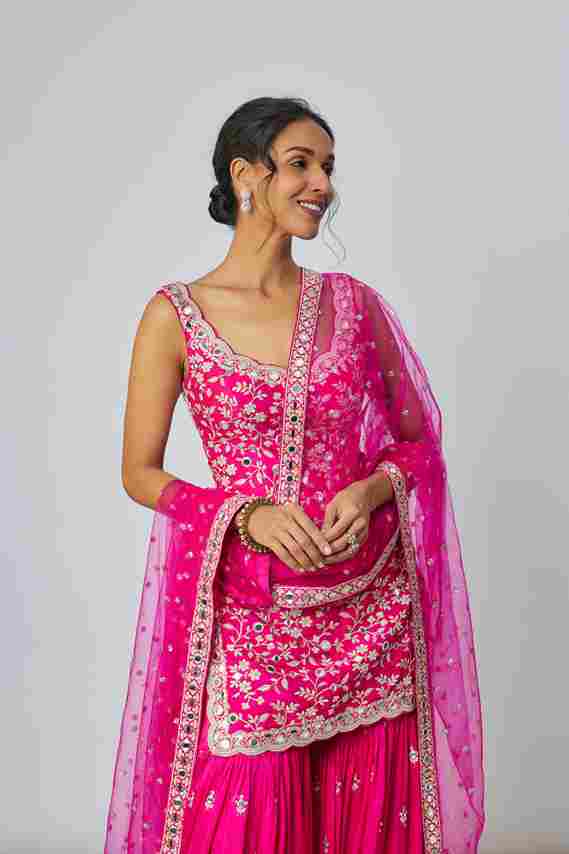 A model showcasing Pink Soneera Sharara Set by Gopi Vaid from Gopi Vaid's collection