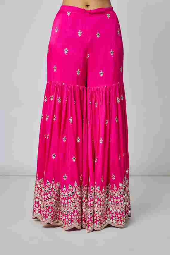 A model showcasing Pink Soneera Sharara Set by Gopi Vaid from Gopi Vaid's collection