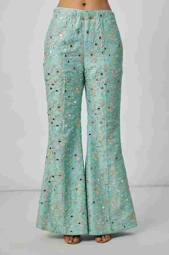 A model showcasing Blue Sanura Pant Set by Gopi Vaid from Gopi Vaid's collection