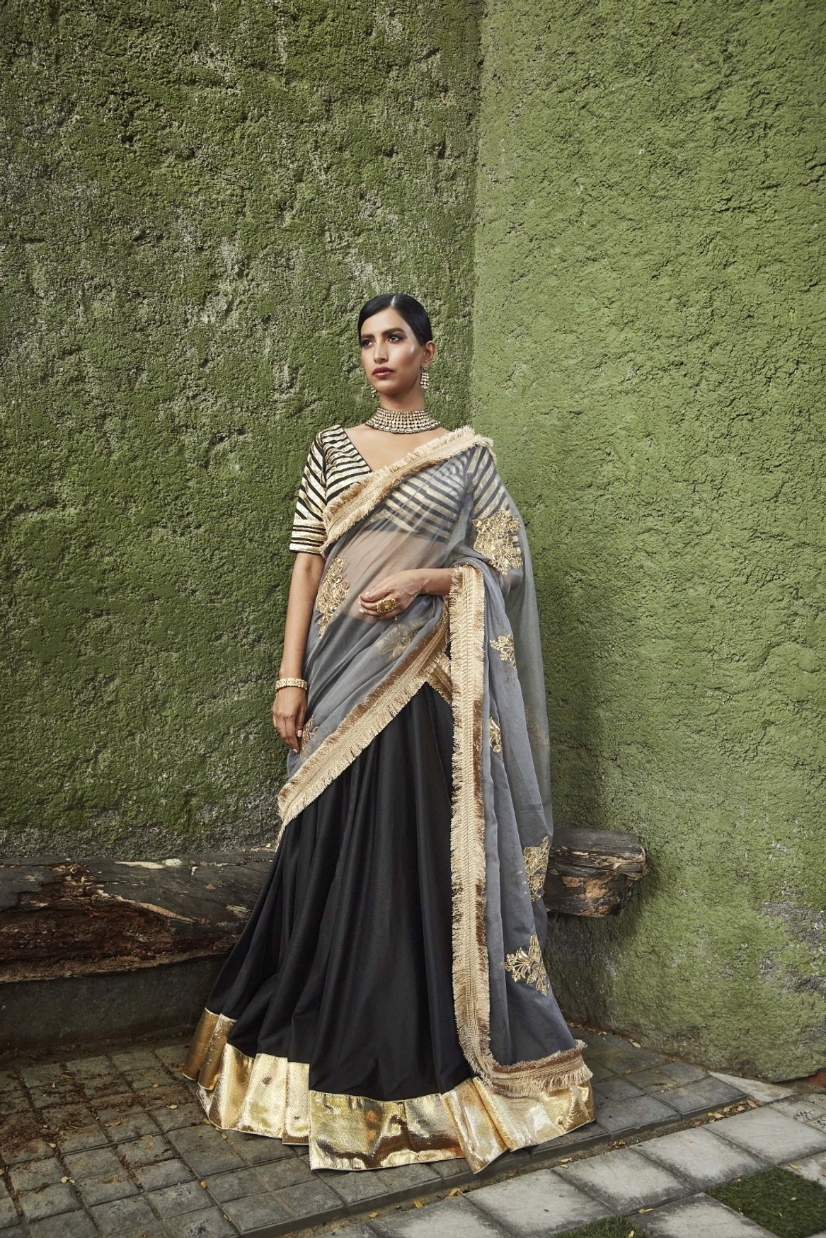 A model showcasing Black And Grey Silk Lehenga Feature image by Ranian from Ranian's collection
