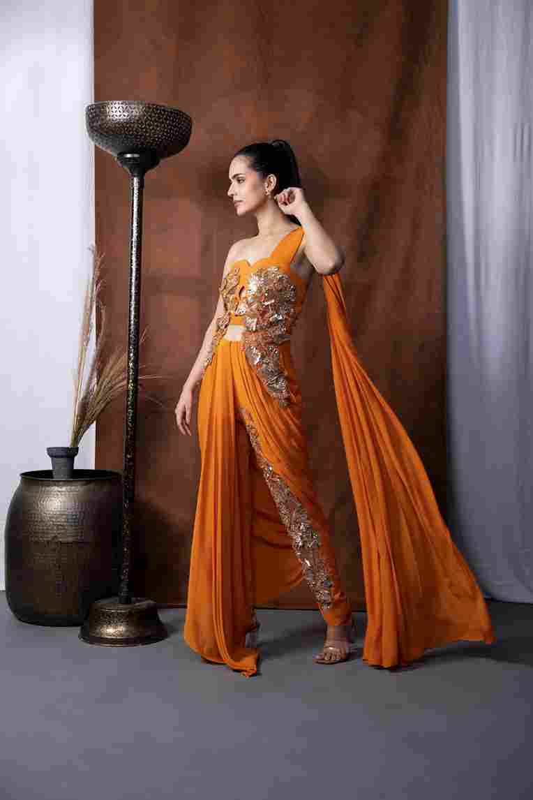 A model showcasing Jumeriah Drape Saree With Pant by Kanika Verma Couture from Kanika Verma Couture's collection