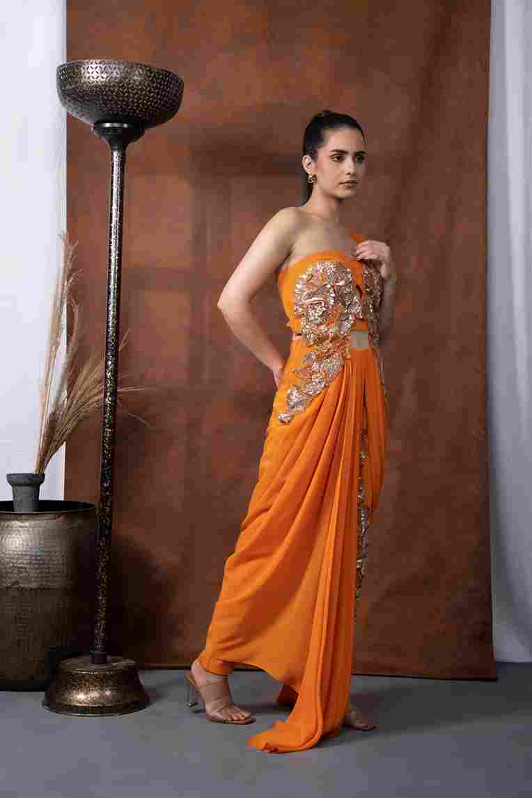 A model showcasing Jumeriah Drape Saree With Pant by Kanika Verma Couture from Kanika Verma Couture's collection