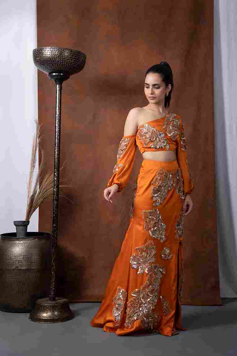 A model showcasing Arjwan Off Shoulder Top Feature image by Kanika Verma Couture from Kanika Verma Couture's collection