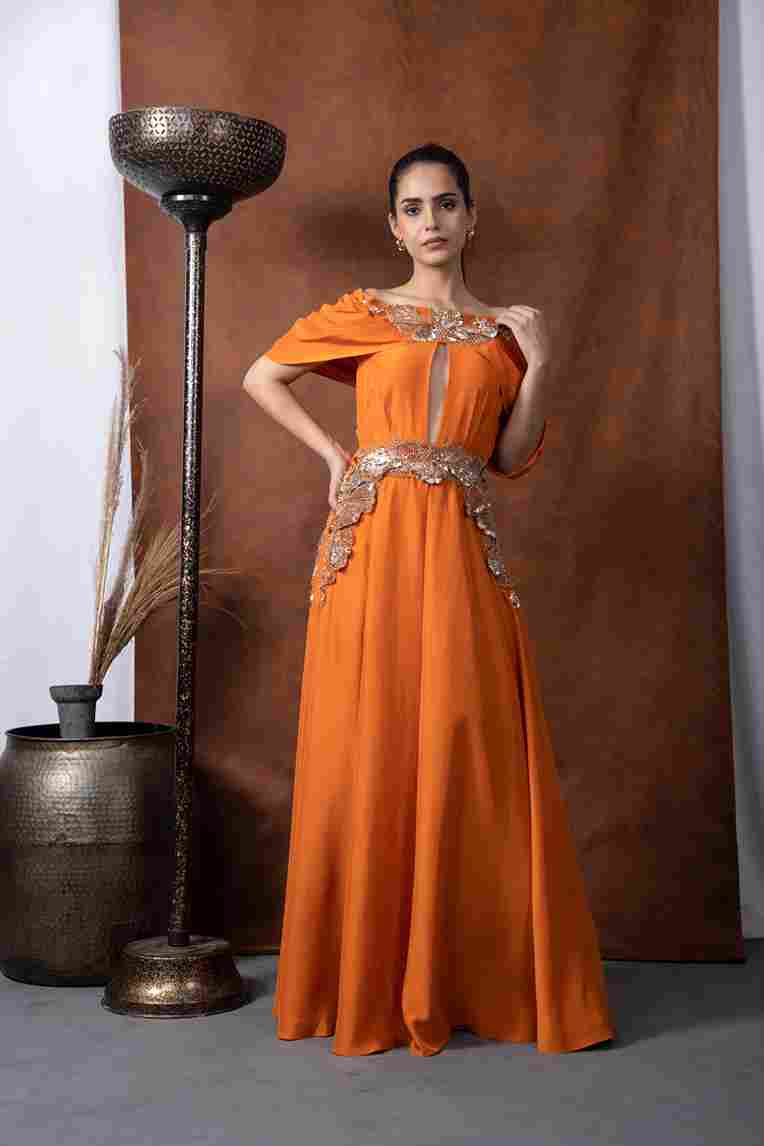 A model showcasing Atlantis Jumpsuit Gown by Kanika Verma Couture from Kanika Verma Couture's collection