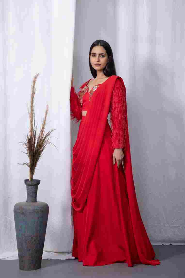 A model showcasing Alsouk Bralet Drape Saree by Kanika Verma Couture from Kanika Verma Couture's collection