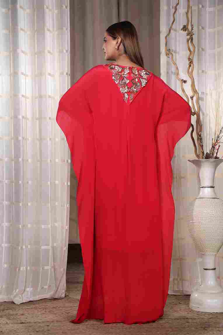 A model showcasing Red Flowy Kaaftan by Kanika Verma Couture from Kanika Verma Couture's collection