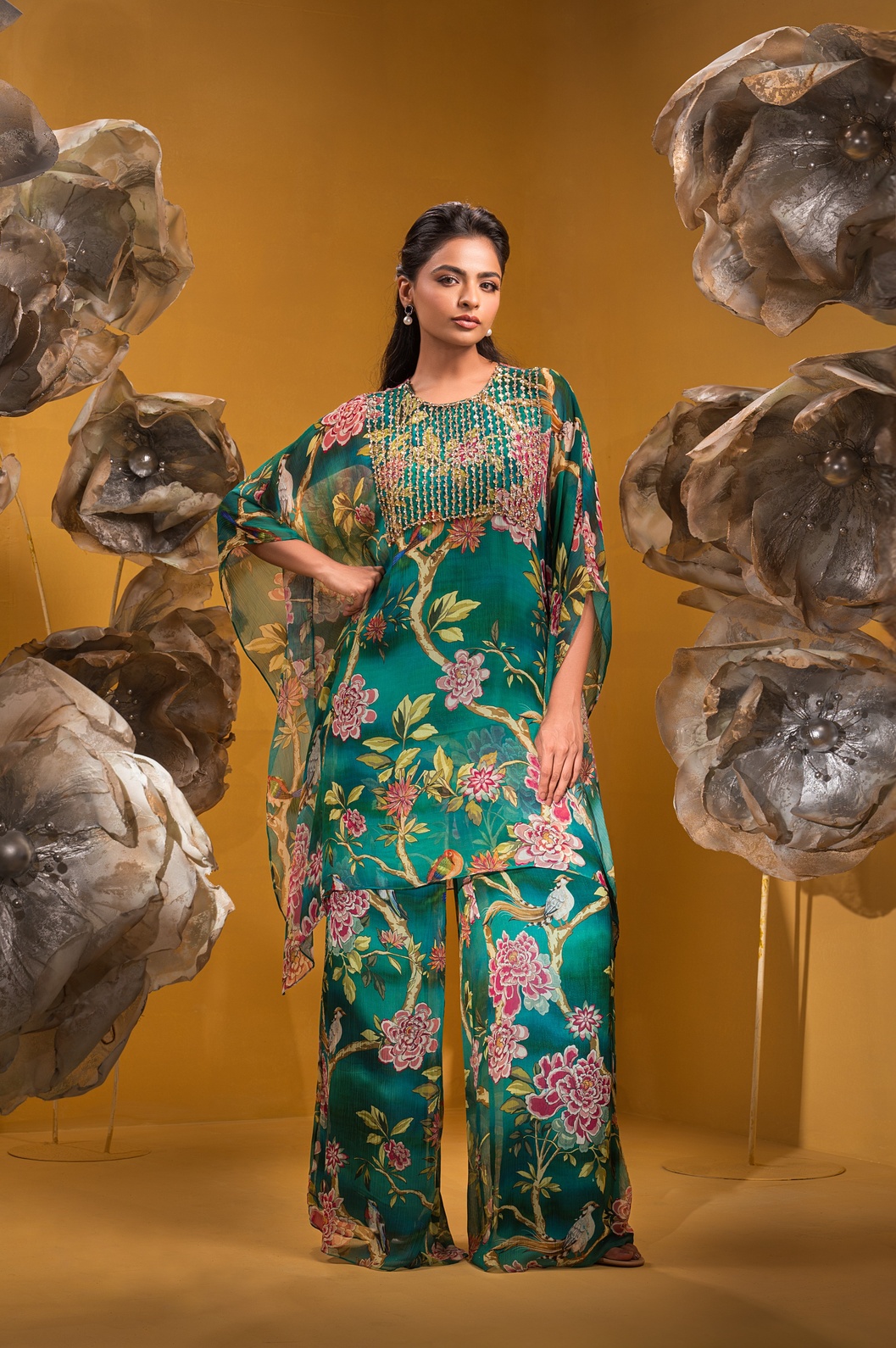A model showcasing Printed Kaftan Kurta With Flared Pant Feature image by Q By Sonia Baderia from Q By Sonia Baderia's collection