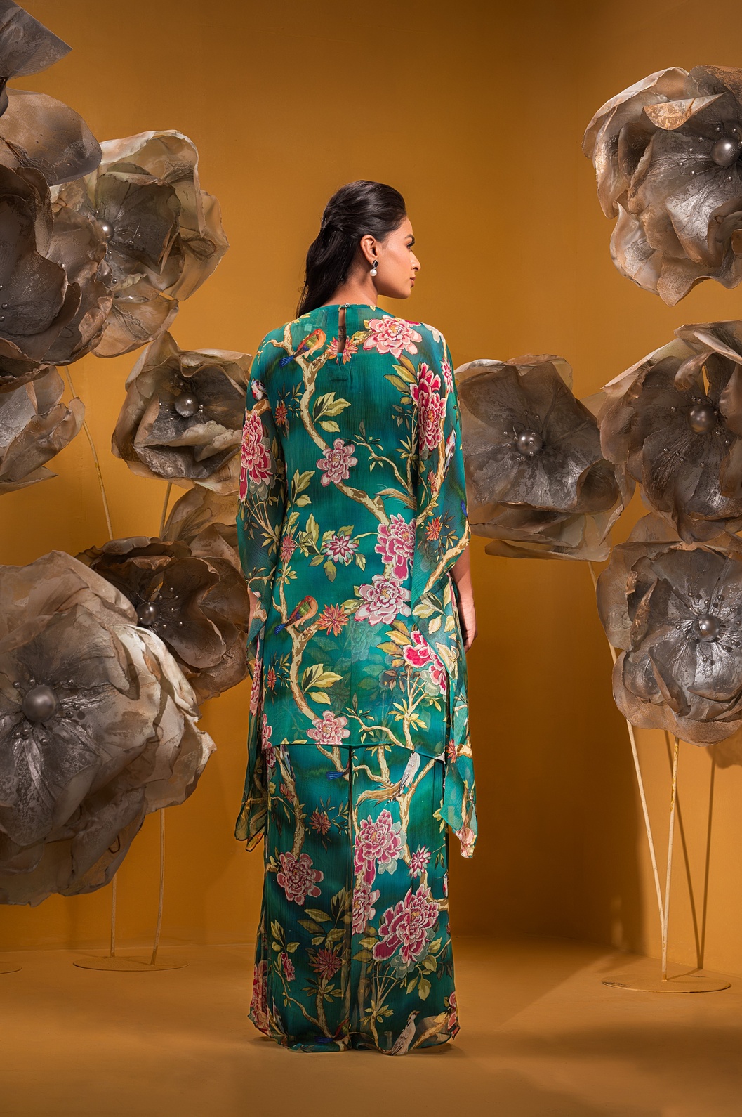 A model showcasing Printed Kaftan Kurta With Flared Pant by Q By Sonia Baderia from Q By Sonia Baderia's collection