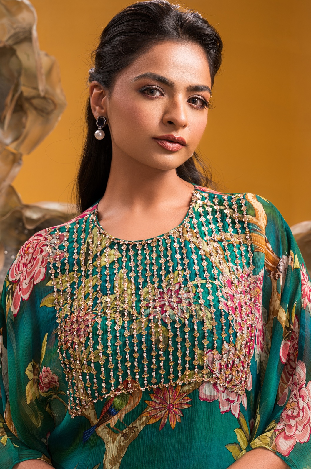 A model showcasing Printed Kaftan Kurta With Flared Pant by Q By Sonia Baderia from Q By Sonia Baderia's collection