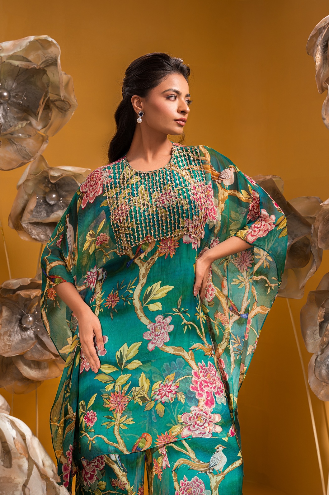A model showcasing Printed Kaftan Kurta With Flared Pant by Q By Sonia Baderia from Q By Sonia Baderia's collection