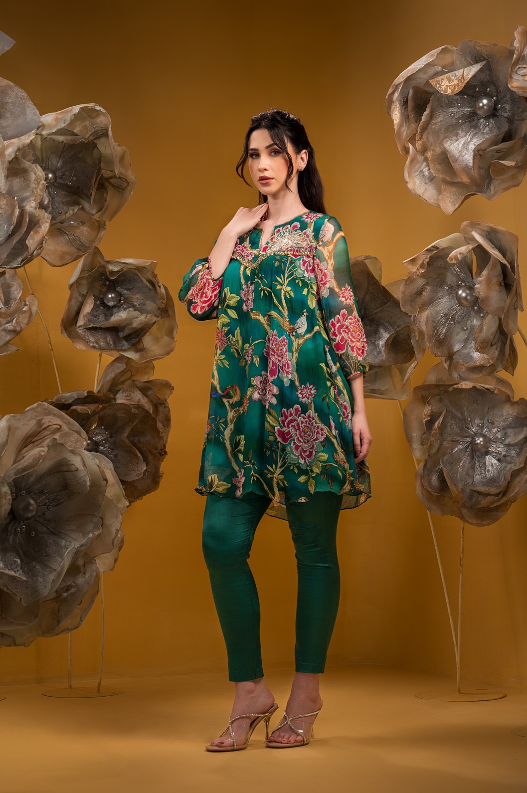 A model showcasing Printed A Line Kurta With Pant by Q By Sonia Baderia from Q By Sonia Baderia's collection