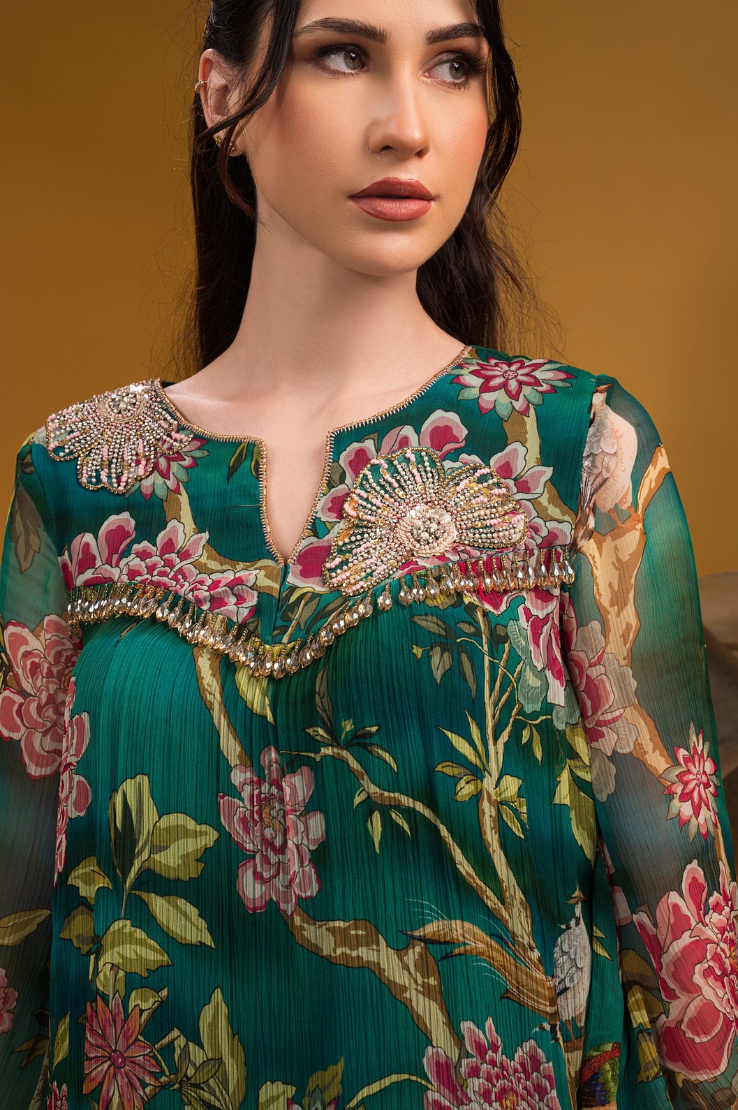 A model showcasing Printed A Line Kurta With Pant by Q By Sonia Baderia from Q By Sonia Baderia's collection