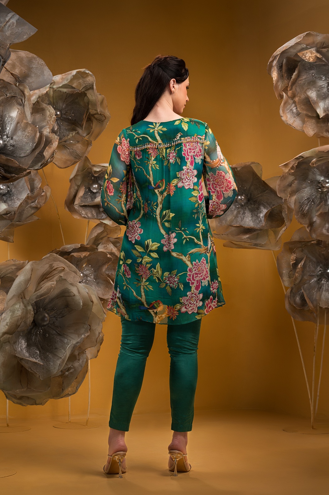 A model showcasing Printed A Line Kurta With Pant by Q By Sonia Baderia from Q By Sonia Baderia's collection