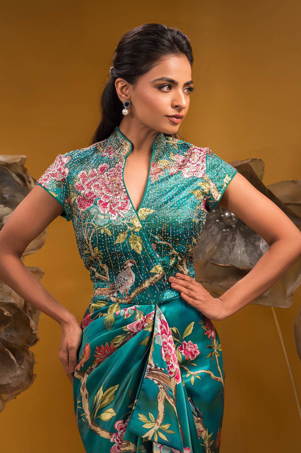 A model showcasing Printed Long Drape Dress by Q By Sonia Baderia from Q By Sonia Baderia's collection