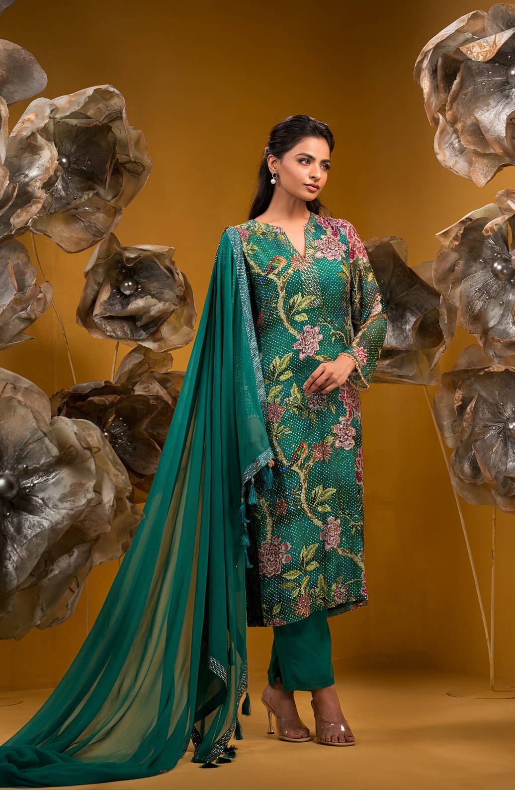 A model showcasing Printed Long Kurta Set by Q By Sonia Baderia from Q By Sonia Baderia's collection