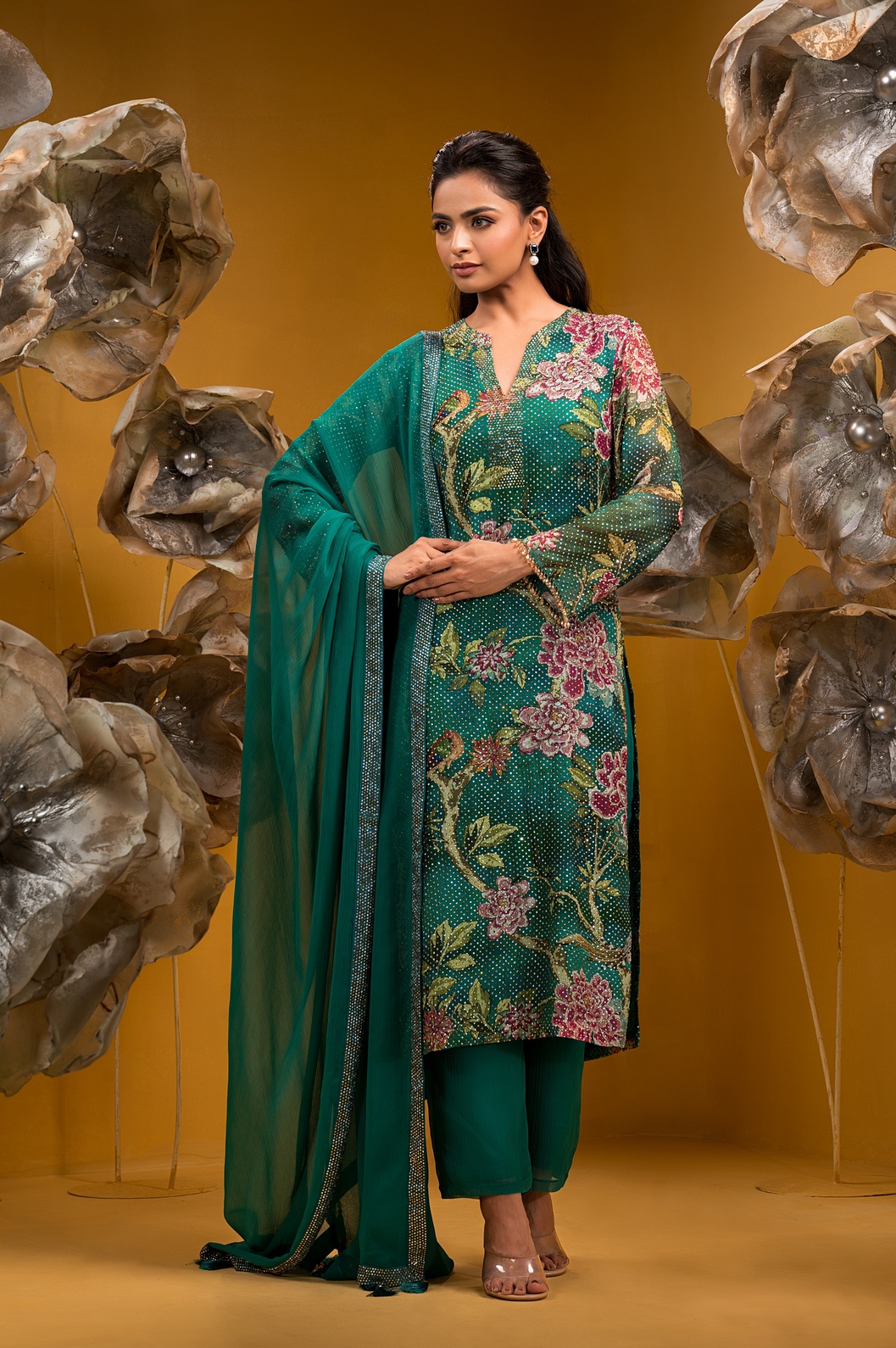 A model showcasing Printed Long Kurta Set by Q By Sonia Baderia from Q By Sonia Baderia's collection