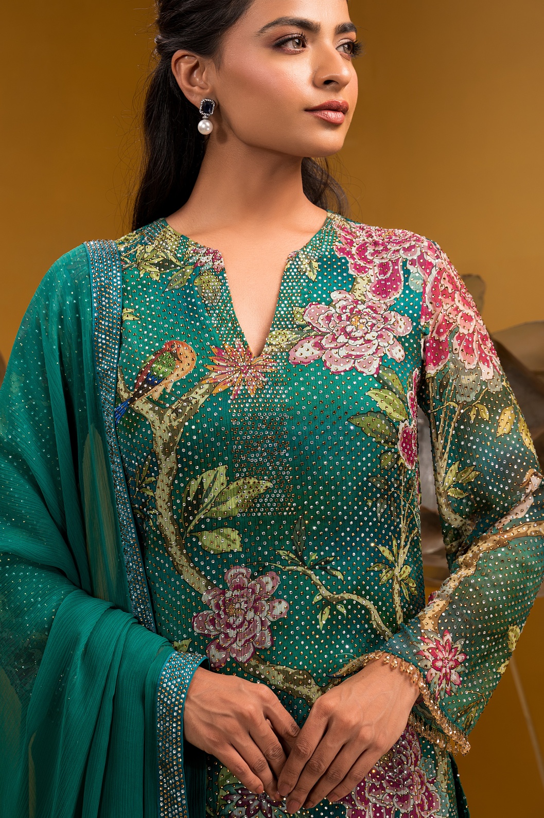 A model showcasing Printed Long Kurta Set by Q By Sonia Baderia from Q By Sonia Baderia's collection