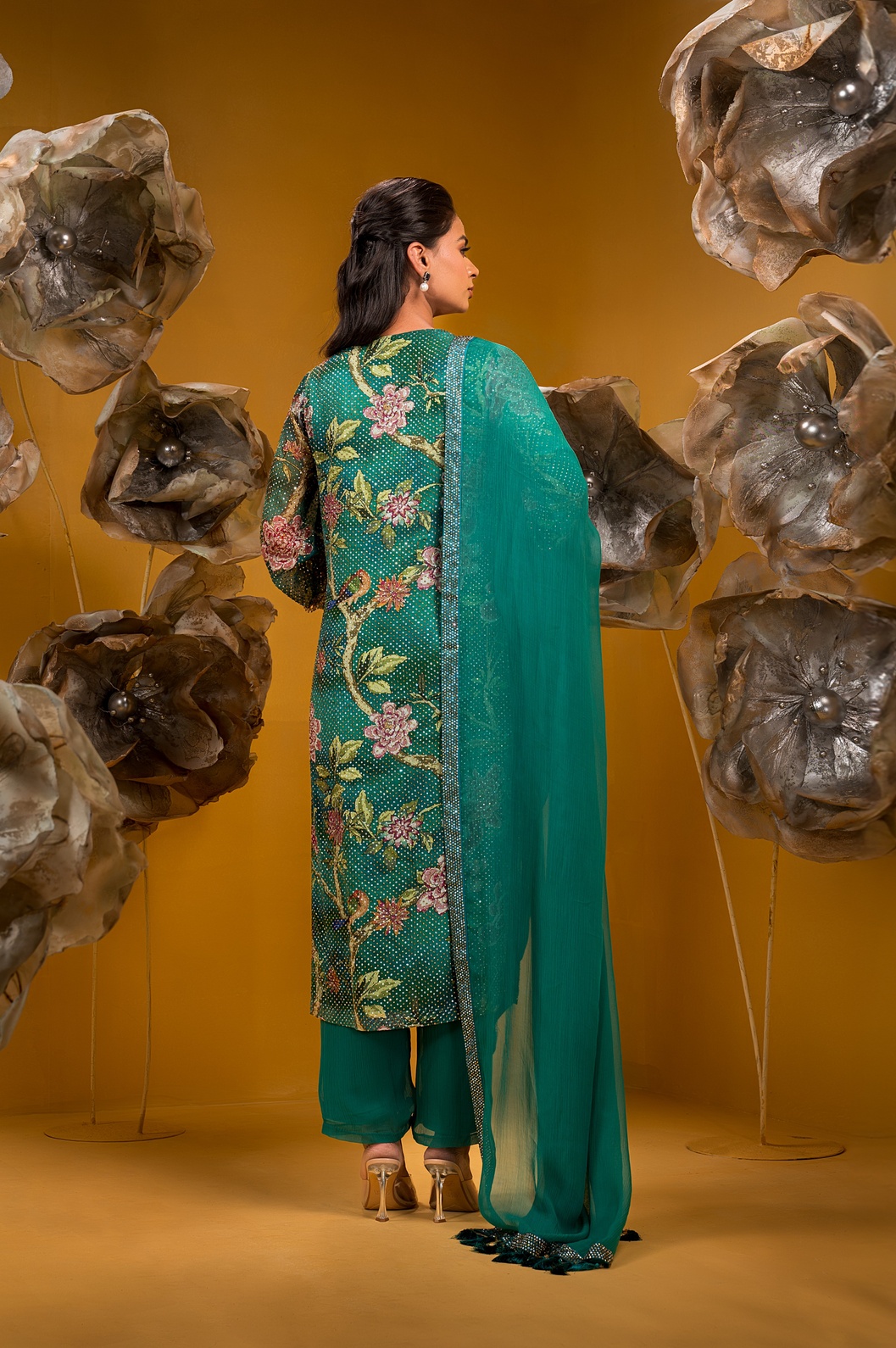 A model showcasing Printed Long Kurta Set by Q By Sonia Baderia from Q By Sonia Baderia's collection