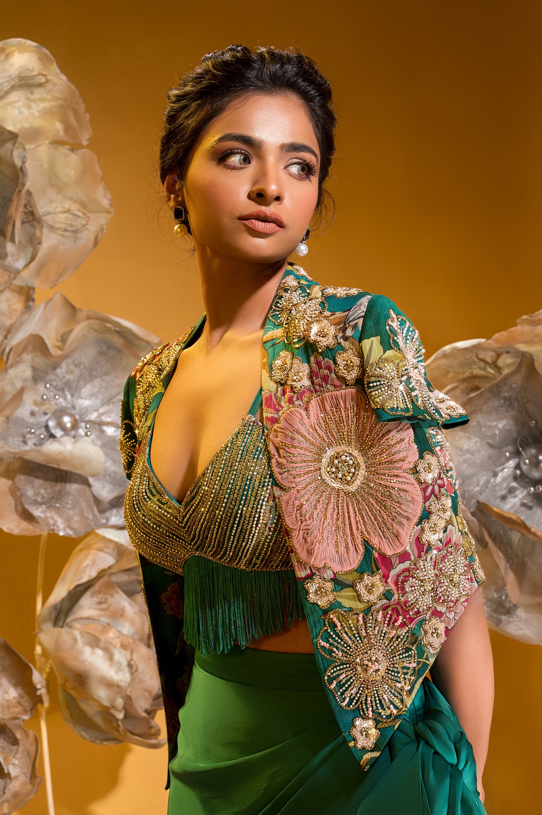 A model showcasing Printed Embroidered Blazer And Drape Skirt by Q By Sonia Baderia from Q By Sonia Baderia's collection