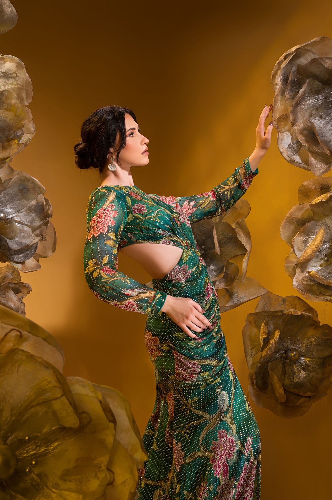 A model showcasing Printed Evening Gown by Q By Sonia Baderia from Q By Sonia Baderia's collection