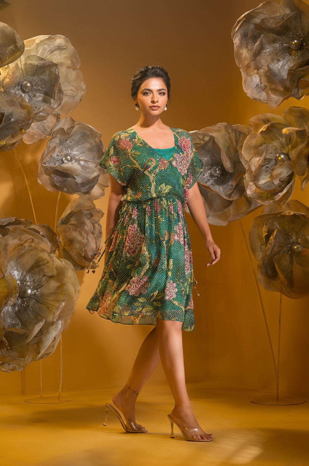 A model showcasing Printed Short Boho Dress by Q By Sonia Baderia from Q By Sonia Baderia's collection