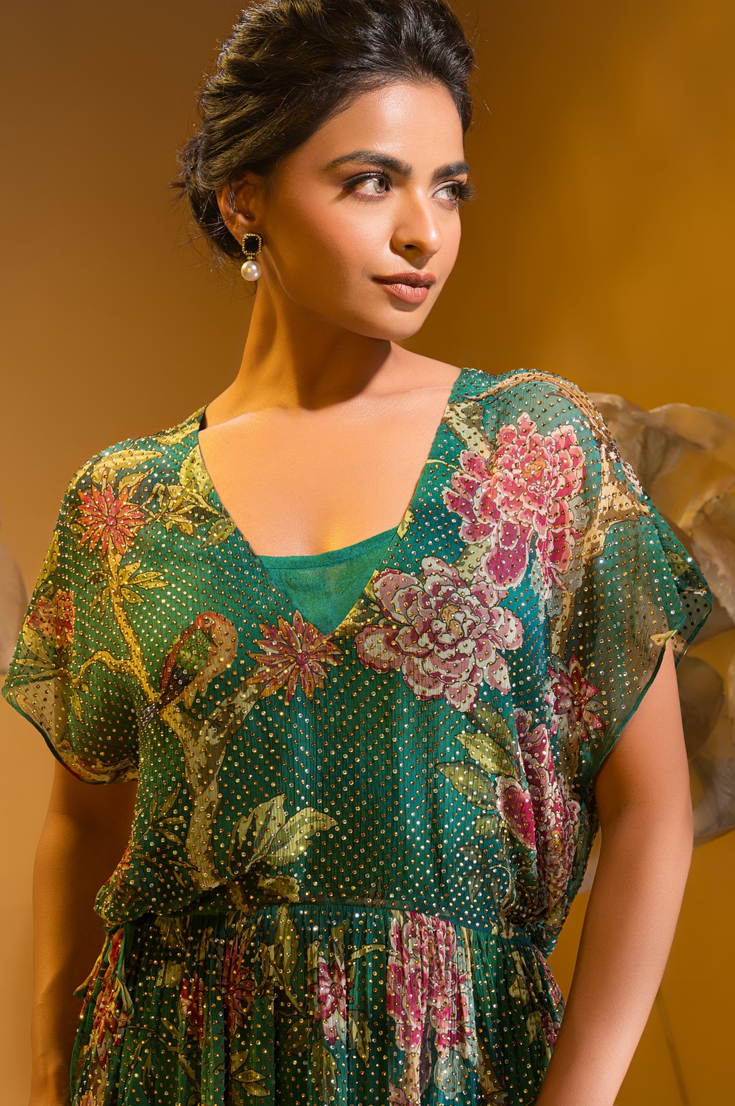 A model showcasing Printed Short Boho Dress by Q By Sonia Baderia from Q By Sonia Baderia's collection