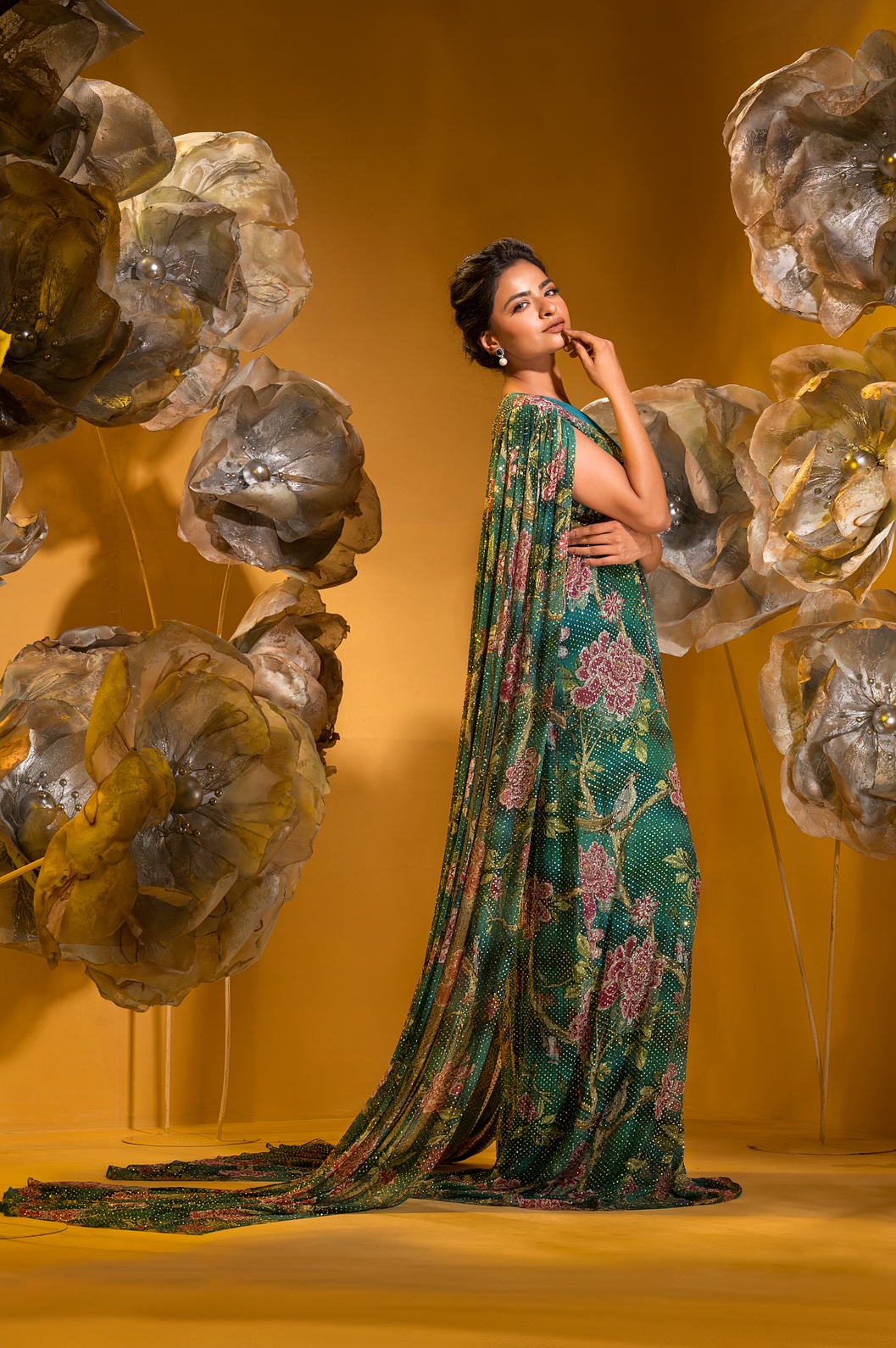A model showcasing Printed Long Gown by Q By Sonia Baderia from Q By Sonia Baderia's collection