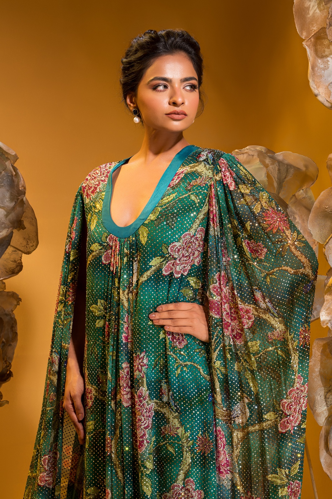 A model showcasing Printed Long Gown by Q By Sonia Baderia from Q By Sonia Baderia's collection