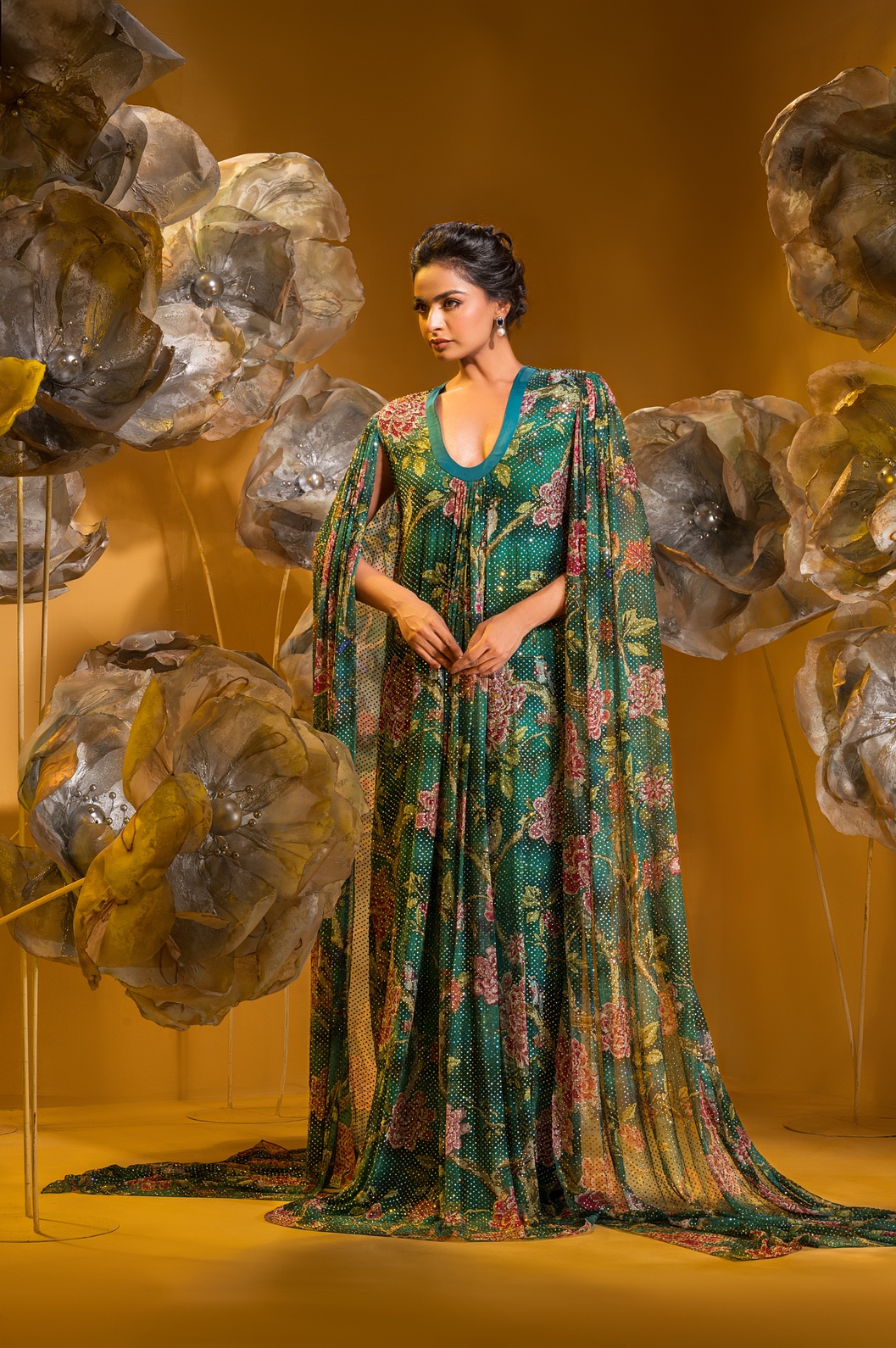 A model showcasing Printed Long Gown by Q By Sonia Baderia from Q By Sonia Baderia's collection