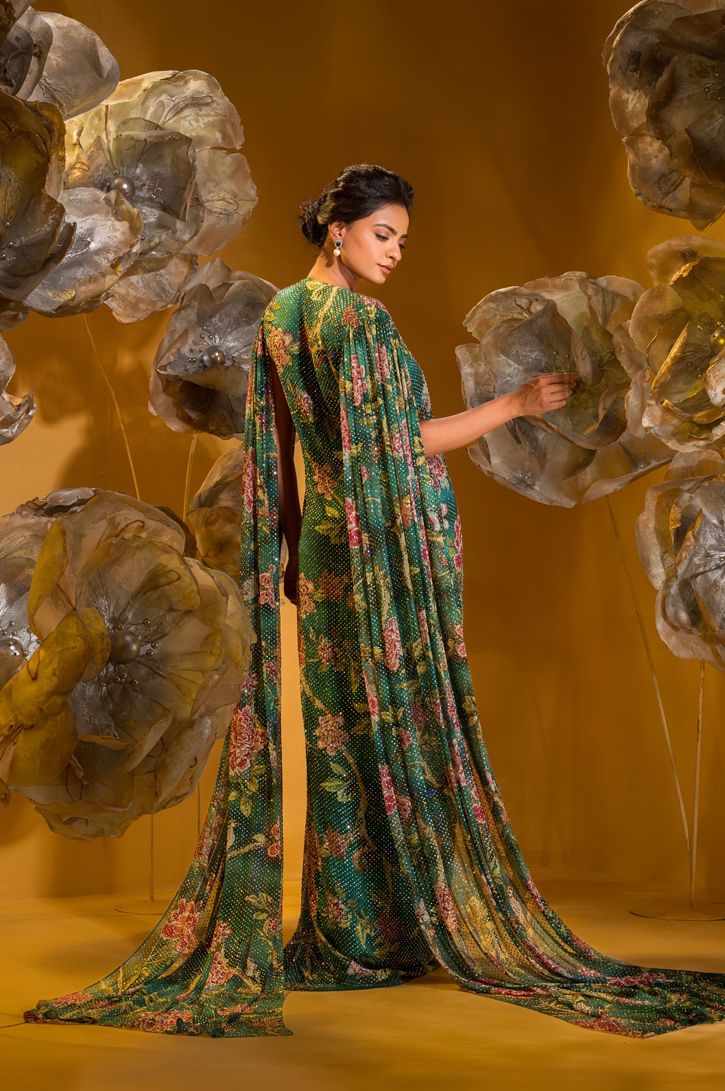 A model showcasing Printed Long Gown by Q By Sonia Baderia from Q By Sonia Baderia's collection