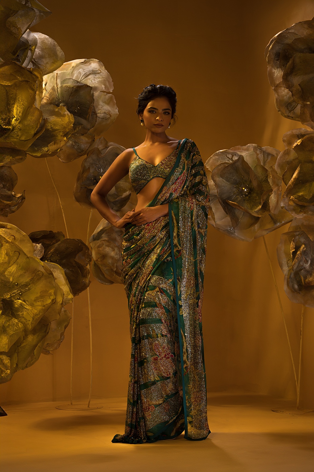A model showcasing Printed Saree With Bralette Blouse by Q By Sonia Baderia from Q By Sonia Baderia's collection