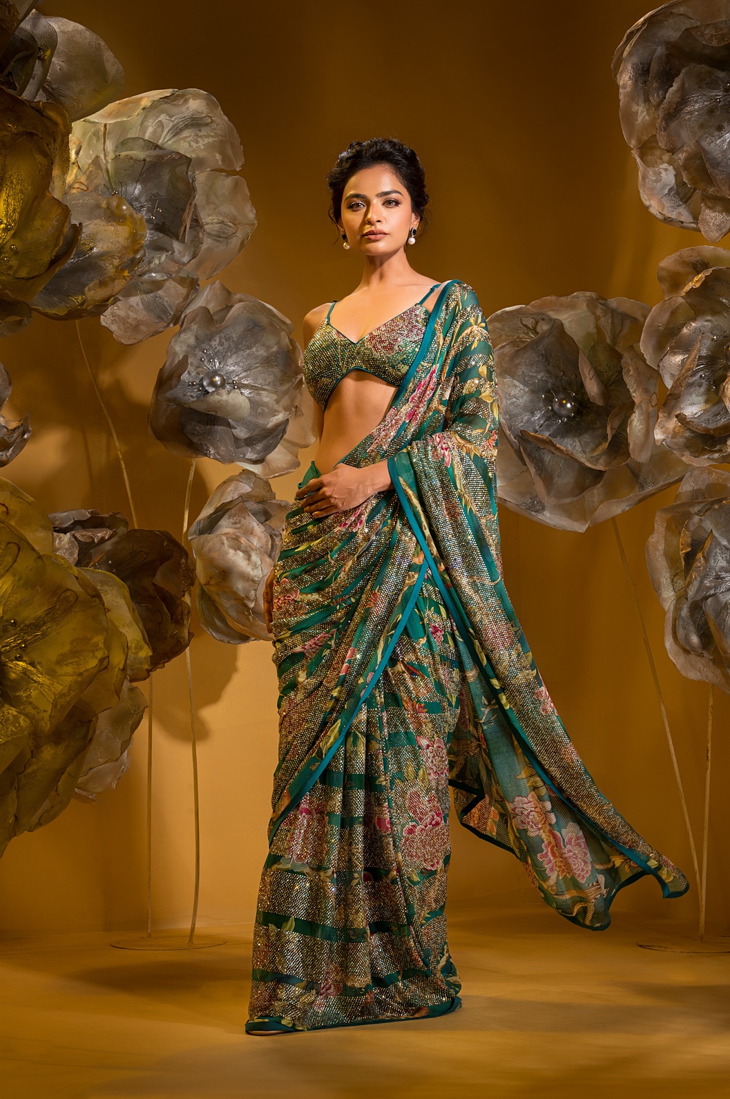 A model showcasing Printed Saree With Bralette Blouse by Q By Sonia Baderia from Q By Sonia Baderia's collection