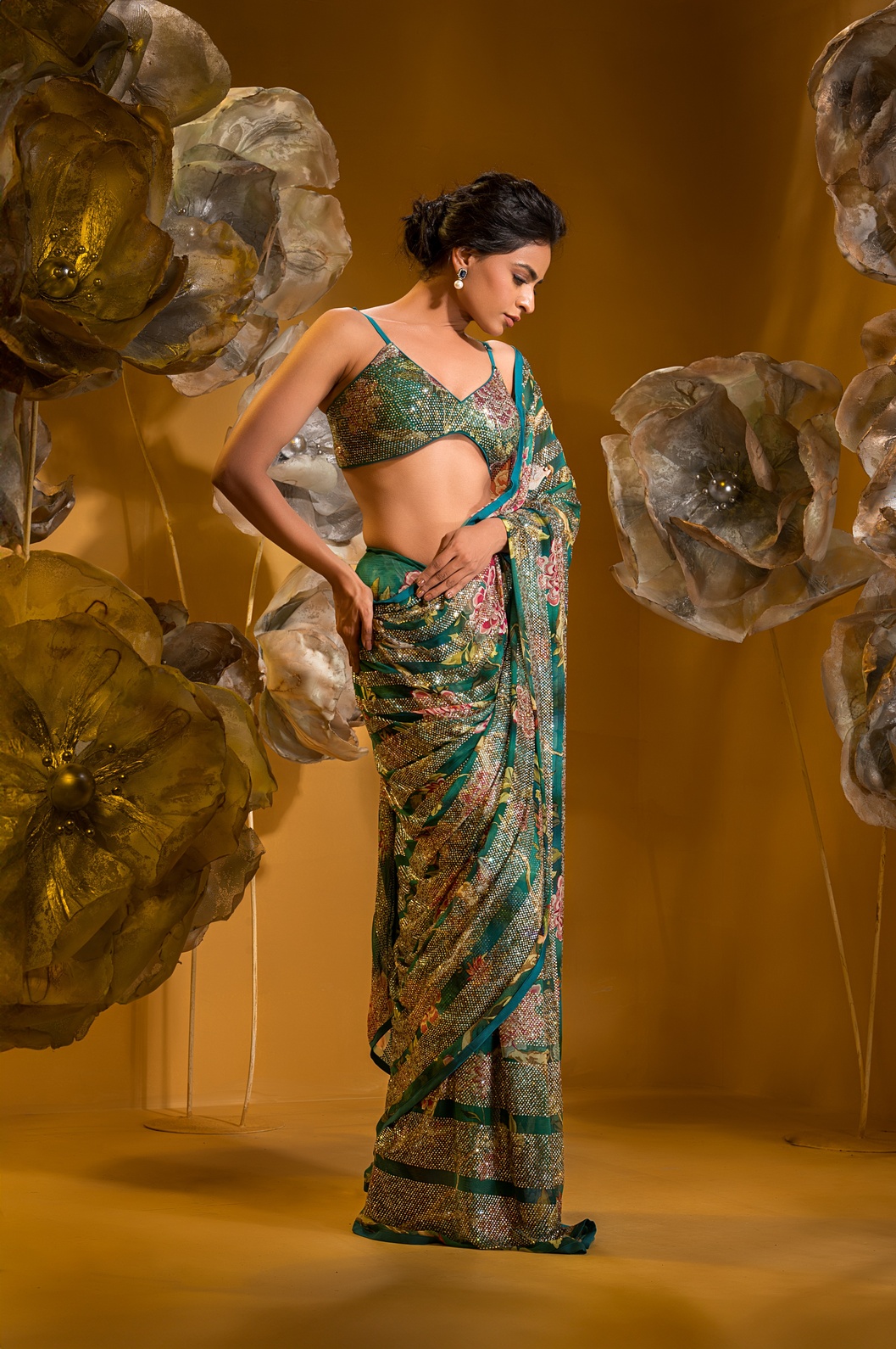 A model showcasing Printed Saree With Bralette Blouse by Q By Sonia Baderia from Q By Sonia Baderia's collection