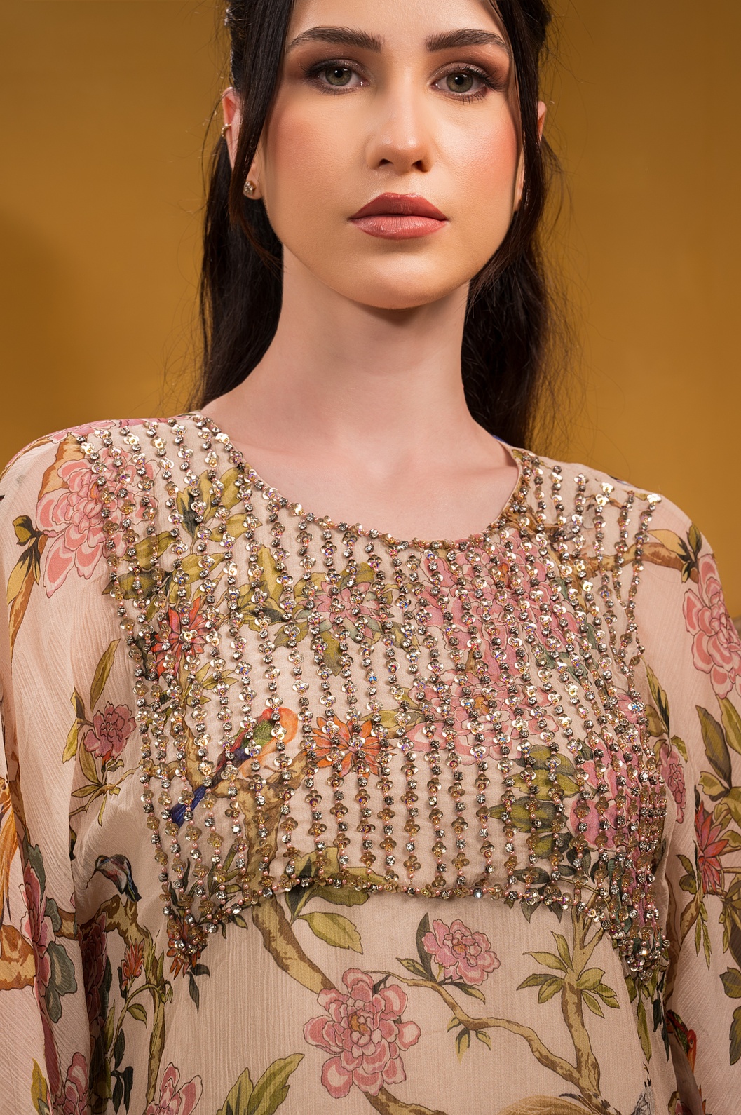 A model showcasing Printed Beige Kaftan Kurta With Flared Pant by Q By Sonia Baderia from Q By Sonia Baderia's collection