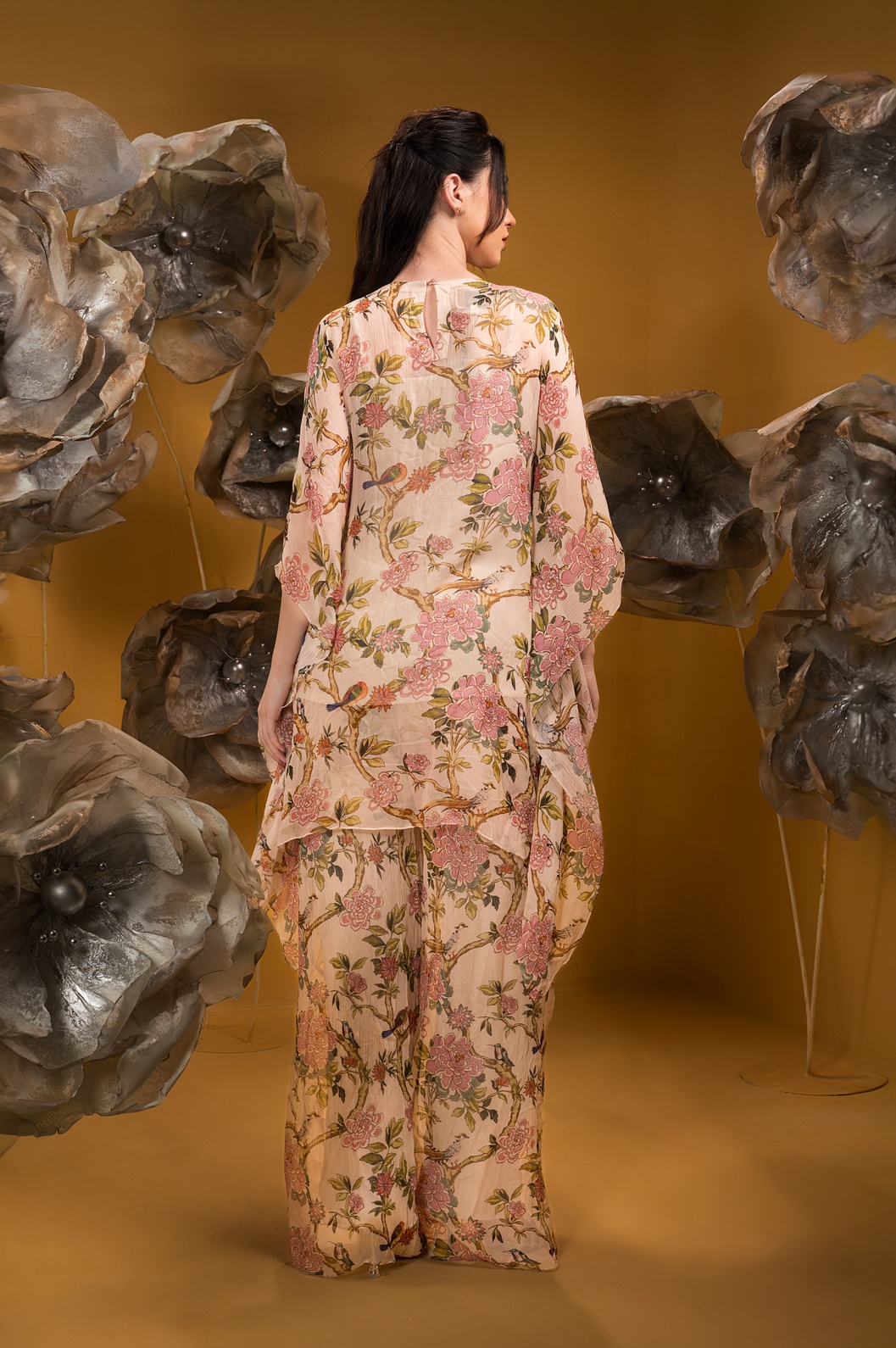 A model showcasing Printed Beige Kaftan Kurta With Flared Pant by Q By Sonia Baderia from Q By Sonia Baderia's collection