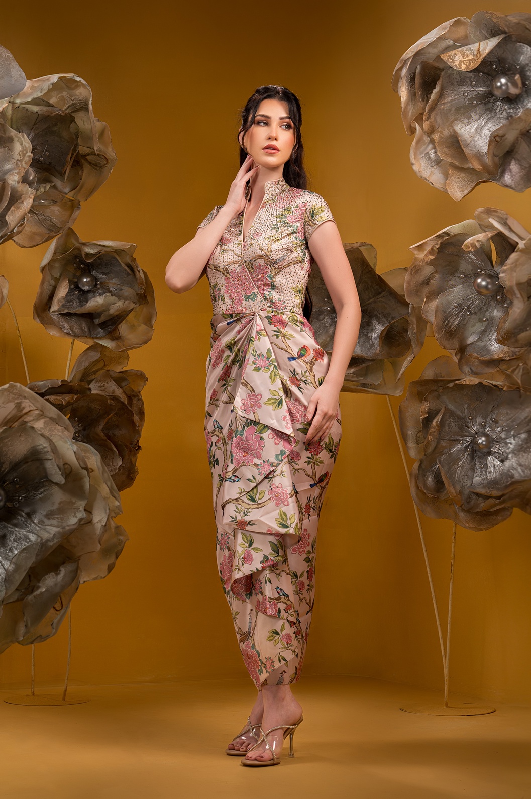 A model showcasing Printed Beige Long Drape Dress by Q By Sonia Baderia from Q By Sonia Baderia's collection