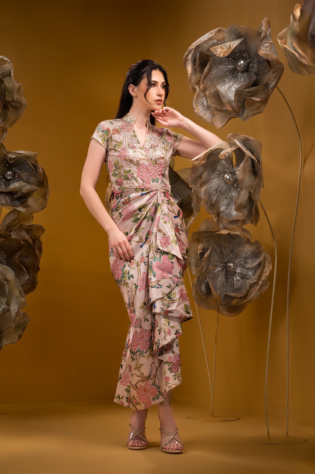 A model showcasing Printed Beige Long Drape Dress by Q By Sonia Baderia from Q By Sonia Baderia's collection