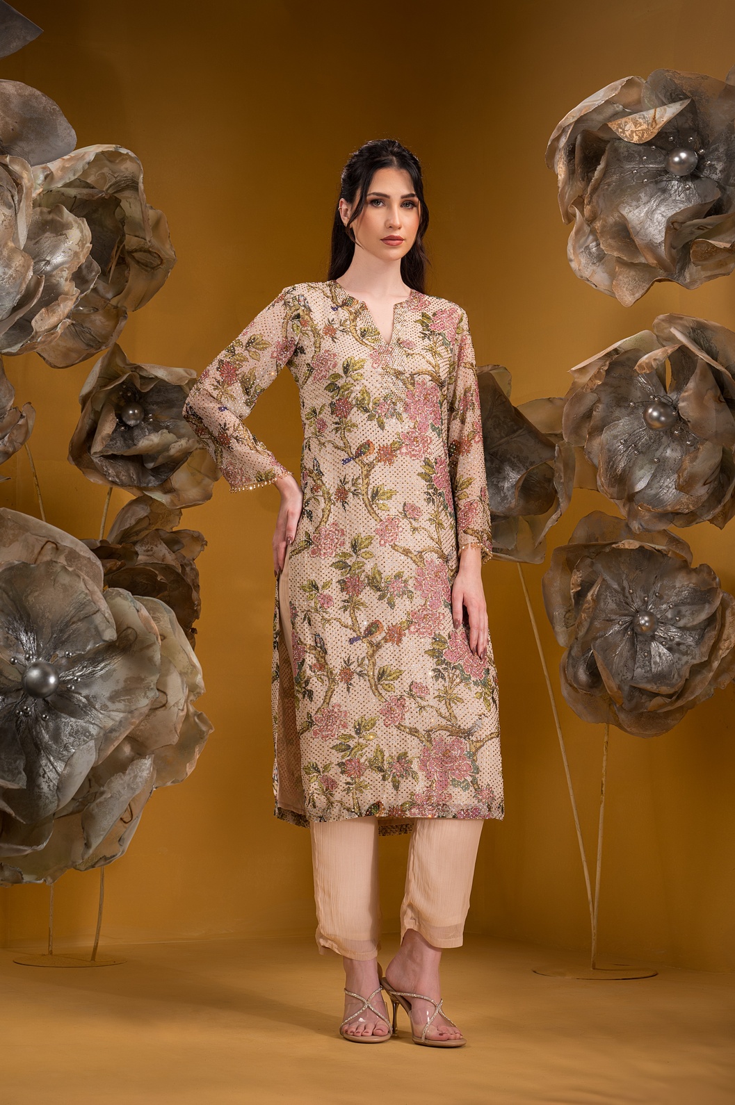 A model showcasing Printed Biege Long Kurta Set by Q By Sonia Baderia from Q By Sonia Baderia's collection