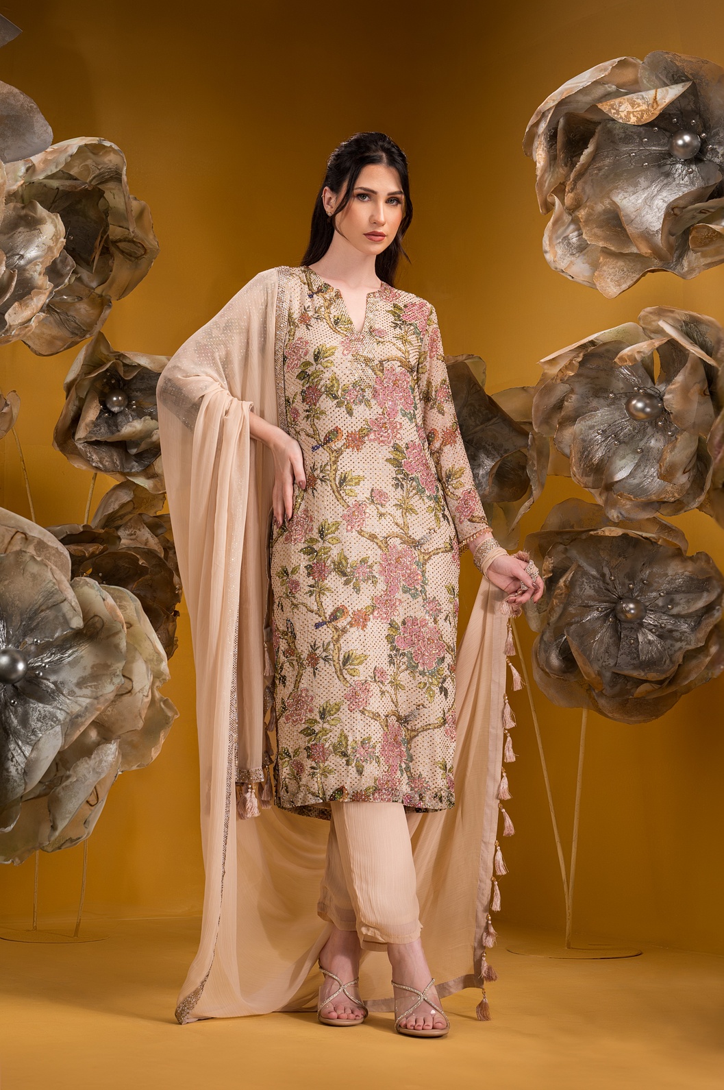 A model showcasing Printed Biege Long Kurta Set by Q By Sonia Baderia from Q By Sonia Baderia's collection