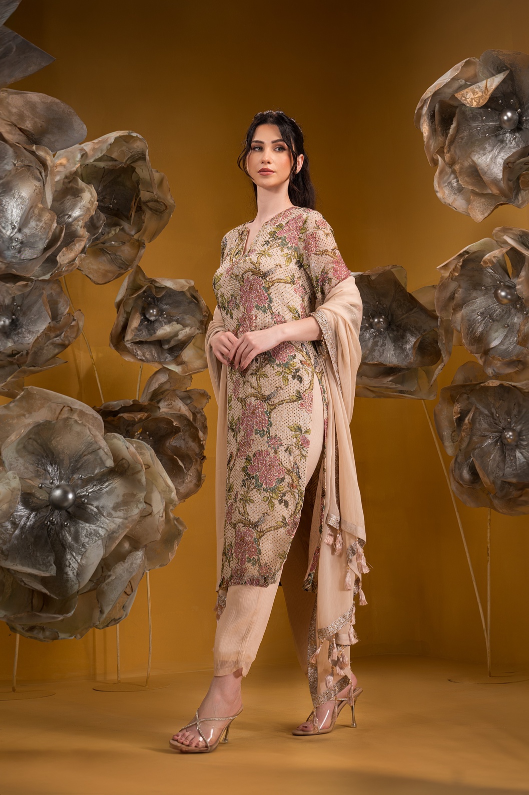 A model showcasing Printed Biege Long Kurta Set by Q By Sonia Baderia from Q By Sonia Baderia's collection
