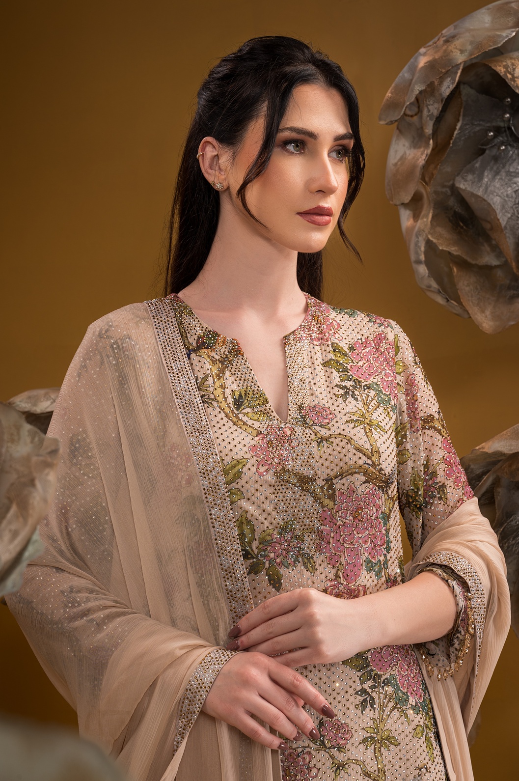 A model showcasing Printed Biege Long Kurta Set by Q By Sonia Baderia from Q By Sonia Baderia's collection