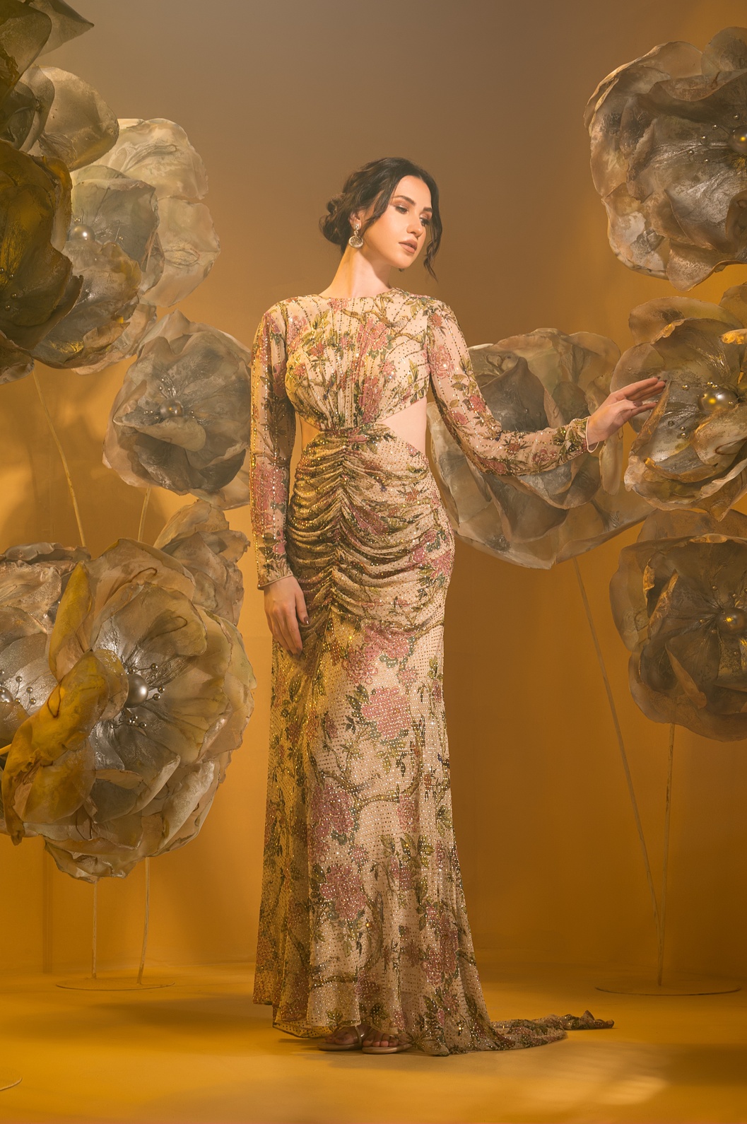 A model showcasing Printed Beige Evening Gown by Q By Sonia Baderia from Q By Sonia Baderia's collection