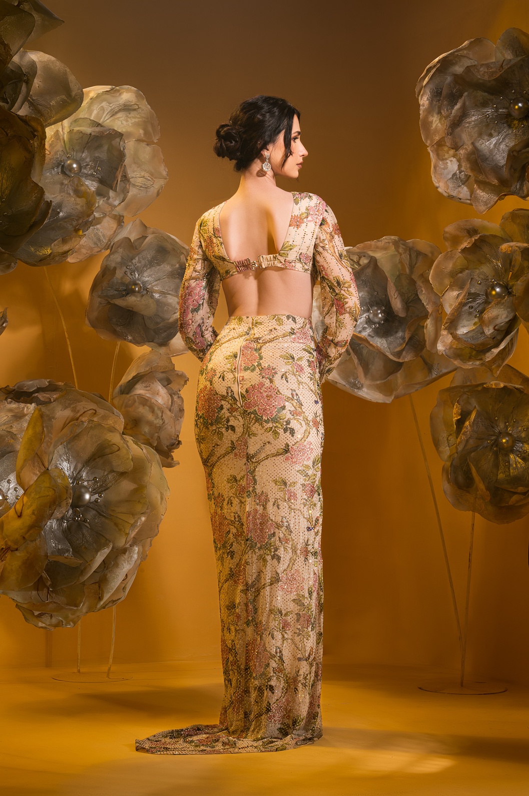 A model showcasing Printed Beige Evening Gown by Q By Sonia Baderia from Q By Sonia Baderia's collection