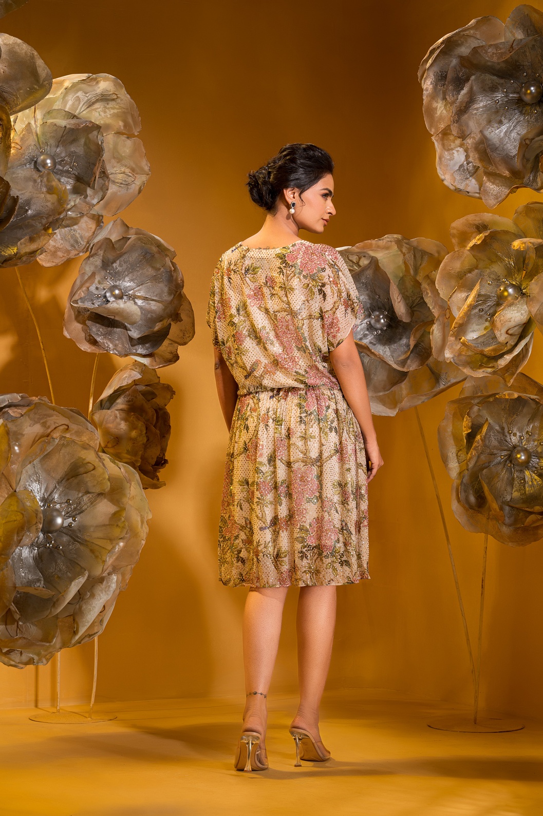 A model showcasing Printed Beige Short Boho Dress by Q By Sonia Baderia from Q By Sonia Baderia's collection