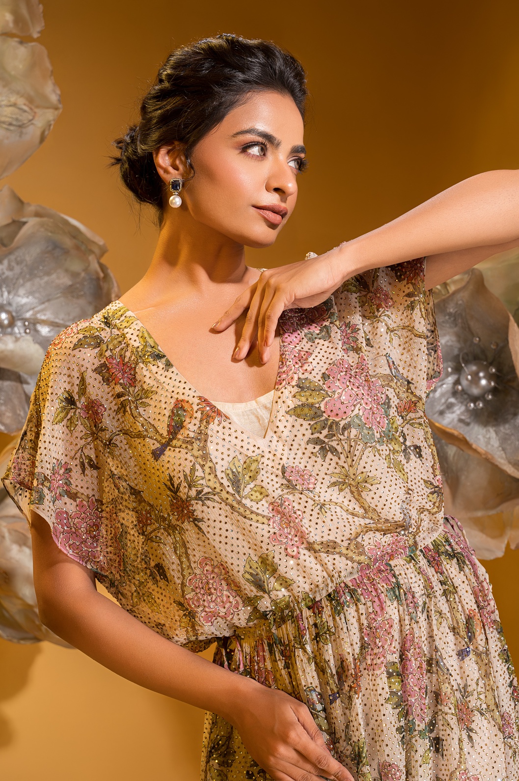 A model showcasing Printed Beige Short Boho Dress by Q By Sonia Baderia from Q By Sonia Baderia's collection